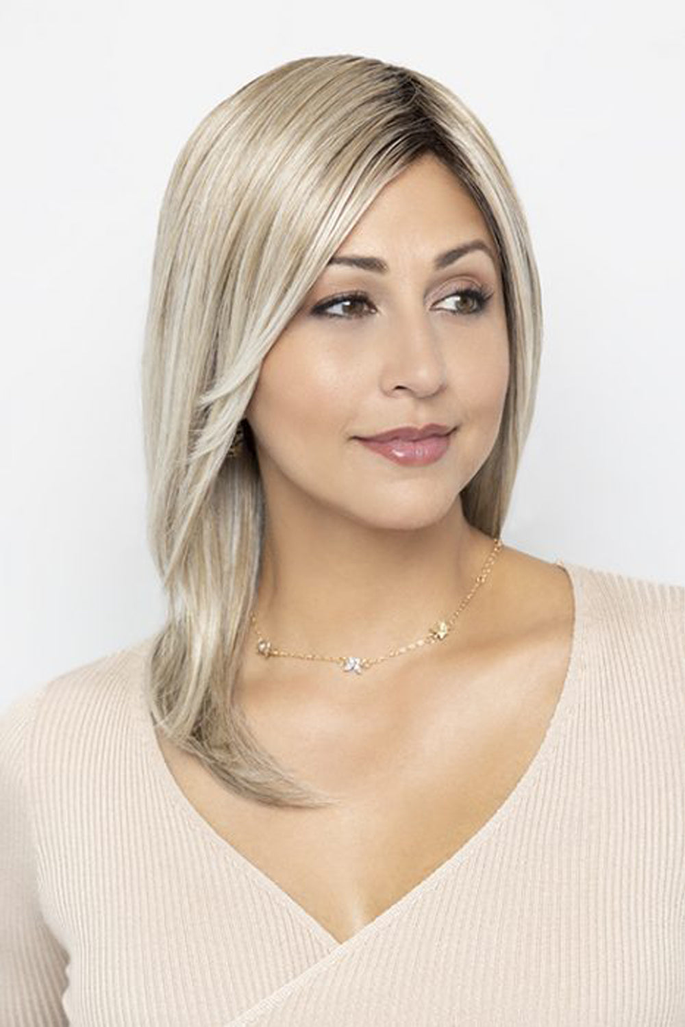 Whisper Wig by Henry Margu in Highlighted blend of Ash n Platinum Blondes n Chocolate roots (10/613GR)