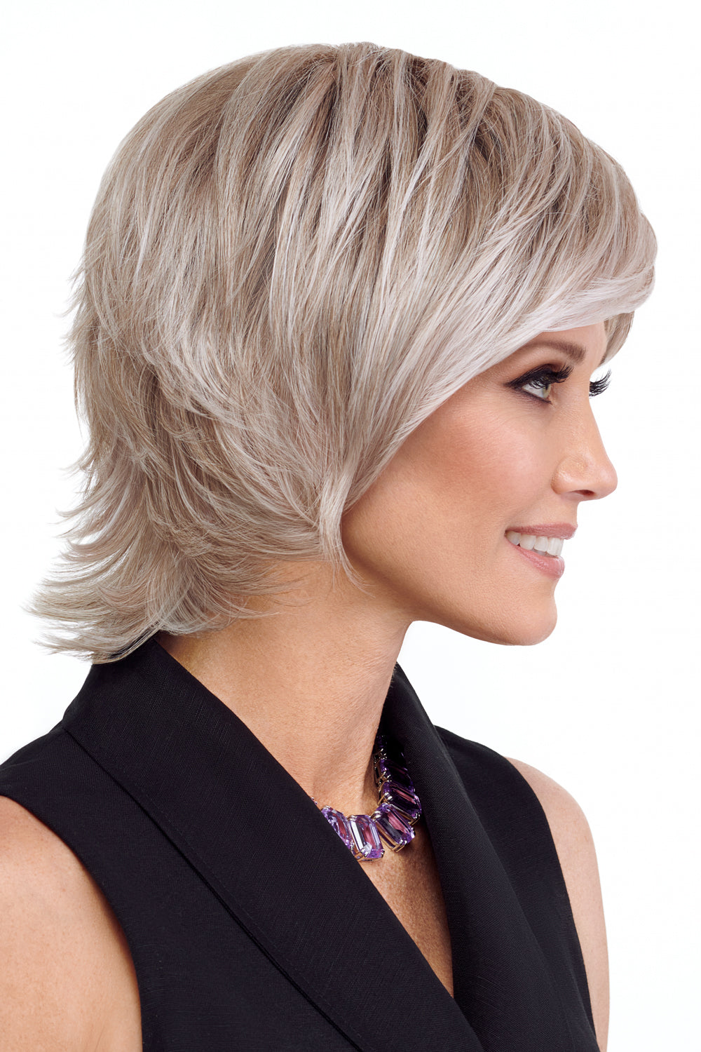 Razor Cut Shag Wig by TressAllure in Whisper Frost (56/60/R8) Light Grey Silver Blend Rooted Medium Brown