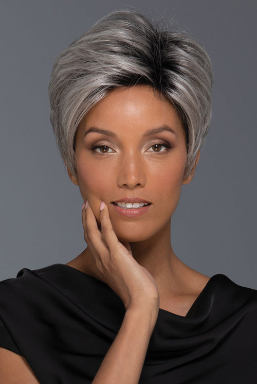 Brady by Estetica in Gray n White w 25% Medium Brown Blend n Off-Black Roots (CHROMERT1B)