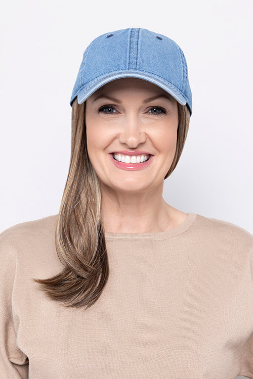 Long Hat Denim by Henry Margu in Medium brown with gold blonde, strawberry & auburn highlights (8/27/33H)