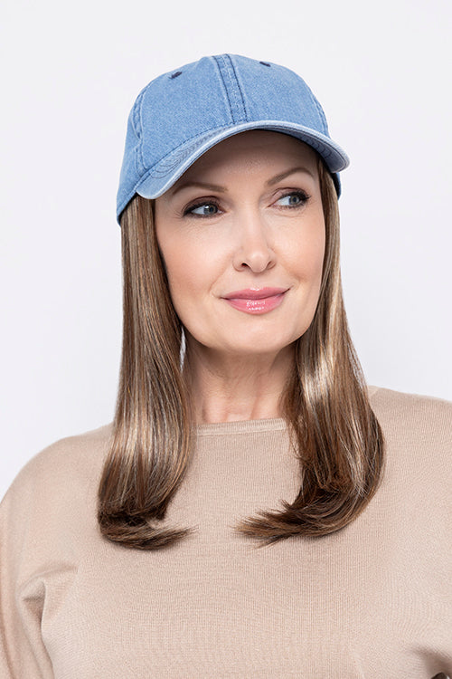 Long Hat Denim by Henry Margu in Medium brown with gold blonde, strawberry & auburn highlights (8/27/33H)