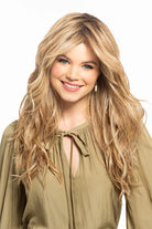 California Beach Waves Synthetic Wig by TressAllure in Sunset Melt (14/26/R10) Light Red Brown Gold Blonde Highlights Rooted Medium Brown