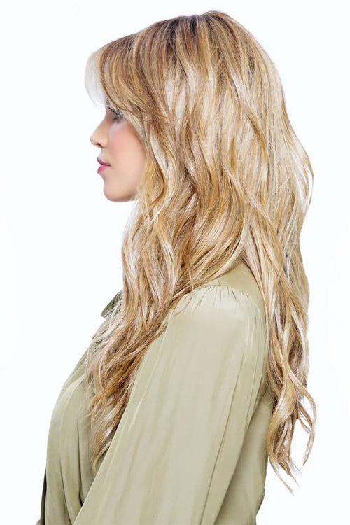 California Beach Waves Synthetic Wig by TressAllure in Sunset Melt (14/26/R10) Light Red Brown Gold Blonde Highlights Rooted Medium Brown