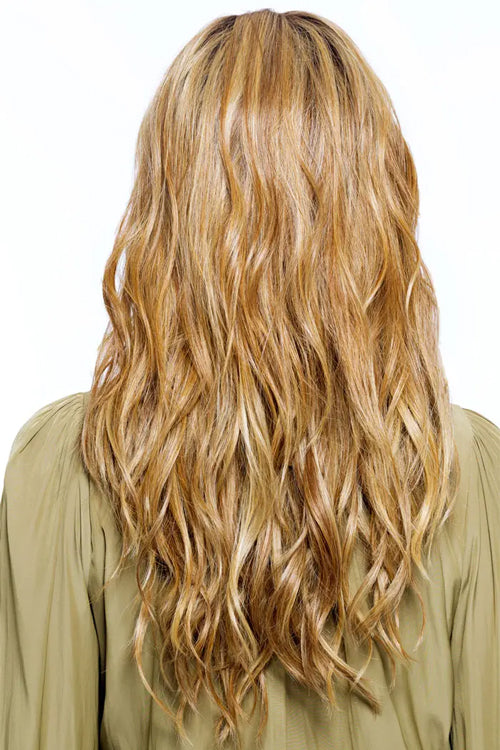 California Beach Waves Synthetic Wig by TressAllure in Sunset Melt (14/26/R10) Light Red Brown Gold Blonde Highlights Rooted Medium Brown