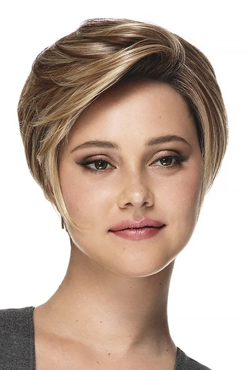 Pixie Lite Wig by TressAllure in Sunset Melt Lighted (EL14/26/R10) Warm Red Brunette Blended w Cool Gold Blonde, Rooted Medium Brown, Highlighted w Gold Blonde