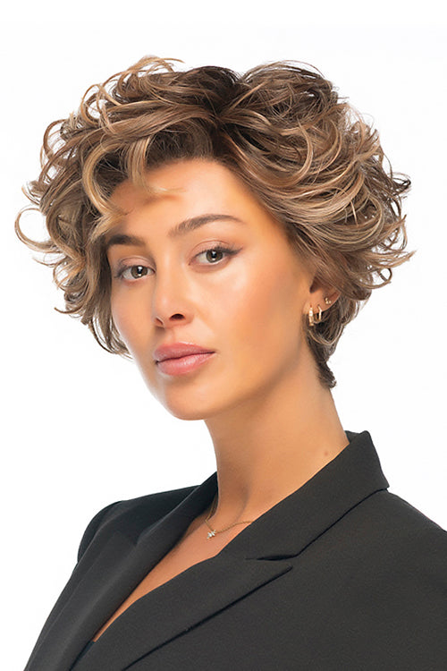 Twisted Pixie Wig by TressAllure in Desert Ombre (17/23/R8) Pale Auburn Beige Blonde Blend Rooted Medium Brown