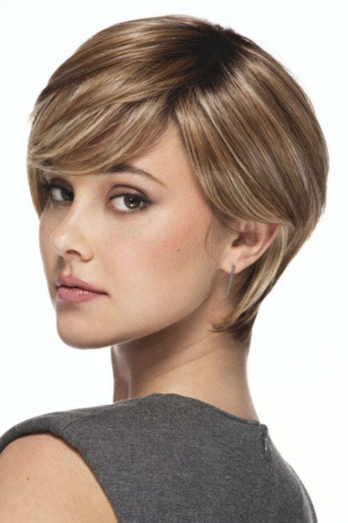 Pixie Lite Wig by TressAllure in Sunset Melt Lighted (EL14/26/R10) Warm Red Brunette Blended w Cool Gold Blonde, Rooted Medium Brown, Highlighted w Gold Blonde