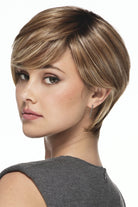 Pixie Lite Wig by TressAllure in Sunset Melt Lighted (EL14/26/R10) Warm Red Brunette Blended w Cool Gold Blonde, Rooted Medium Brown, Highlighted w Gold Blonde