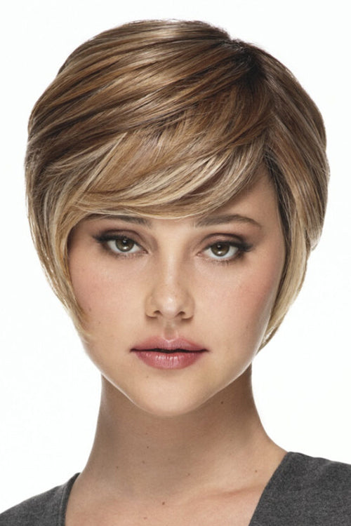 Pixie Lite Wig by TressAllure in Sunset Melt Lighted (EL14/26/R10) Warm Red Brunette Blended w Cool Gold Blonde, Rooted Medium Brown, Highlighted w Gold Blonde