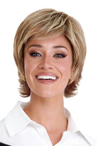 Short Shag Wig by TressAllure in Honey Caramel Cascade (12/22/27/25R8) Dark blonde Platinum Blonde pale Aubrun and Medium Golden Blonde blend with root