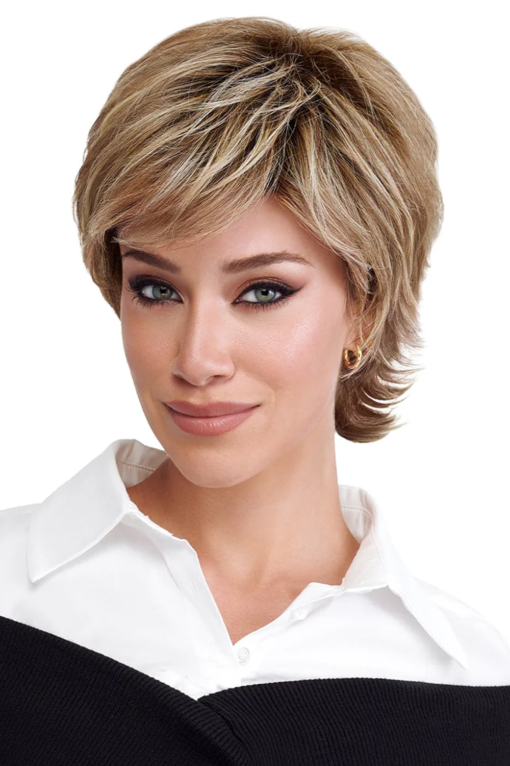 Short Shag Wig by TressAllure in Honey Caramel Cascade (12/22/27/25R8) Dark blonde Platinum Blonde pale Aubrun and Medium Golden Blonde blend with root