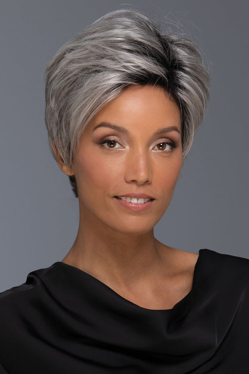Brady by Estetica in Gray n White w 25% Medium Brown Blend n Off-Black Roots (CHROMERT1B)