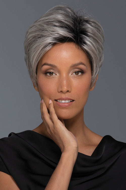 Brady by Estetica in Gray n White w 25% Medium Brown Blend n Off-Black Roots (CHROMERT1B)