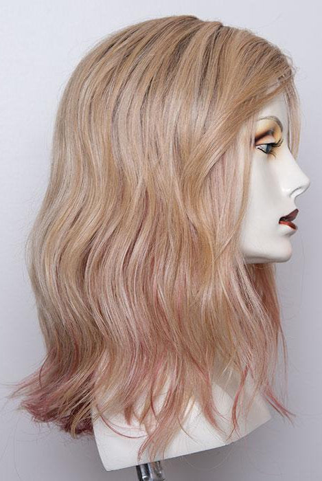 Rose Blonde Rooted | Medium Dark Brown Roots that melt into a Pale Golden Blonde with a Mixture of Pink Tones Underneath